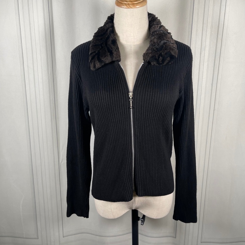 Vintage Gantos Black Zip-Up Ribbed Sweater w/ Faux Fur Collar – Size M
